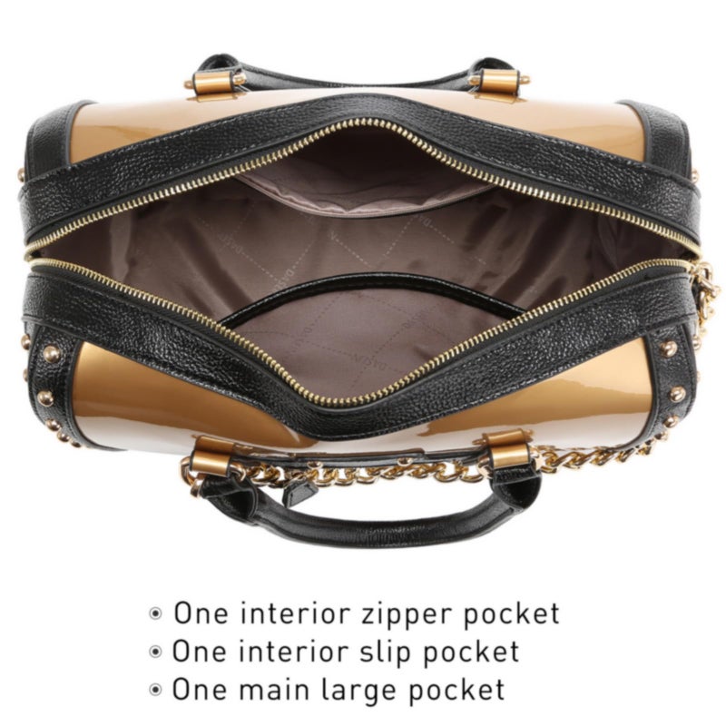 Dasein Women's Barrel Bag Shiny Patent Faux Leather Handbag with Rivet Decoration Top Handle Satchel Shoulder Purse (Large Gold) - Image 5